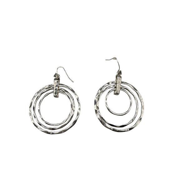 Textured Triple Hoop Dangle Drop Changeable Earrings Silver Tone Minimalist - Picture 1 of 6